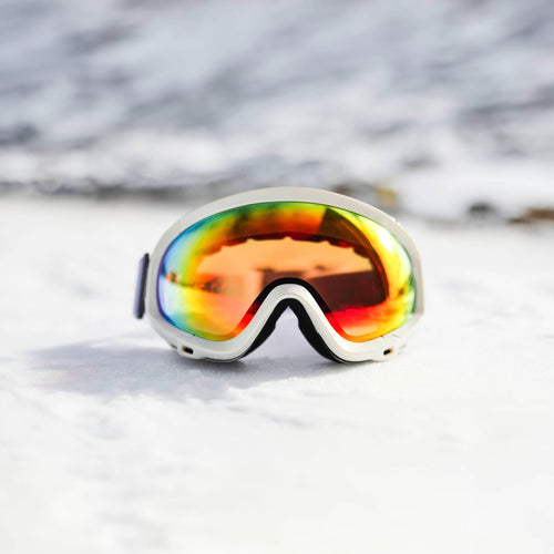 Xtreme Mirrored Adult Snow Goggles in white, front view, REVO red mirrored lens, UV400 protection