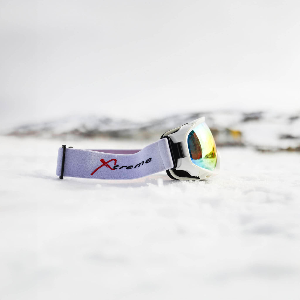 Xtreme Mirrored Adult Snow Goggles in white, side view, REVO red mirrored lens, low-bridge fit