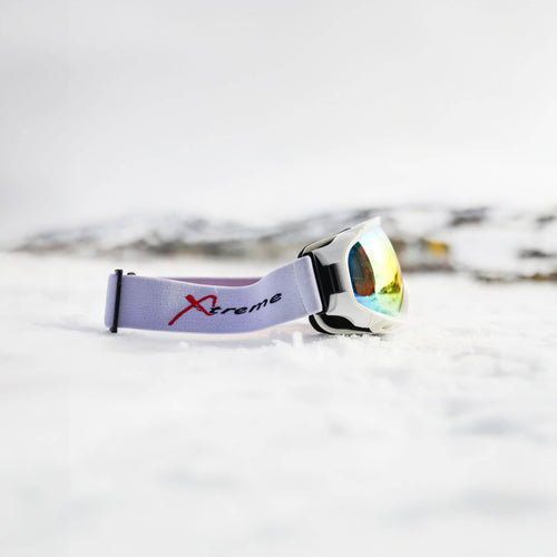 Xtreme Mirrored Adult Snow Goggles in white, side view, REVO red mirrored lens, low-bridge fit